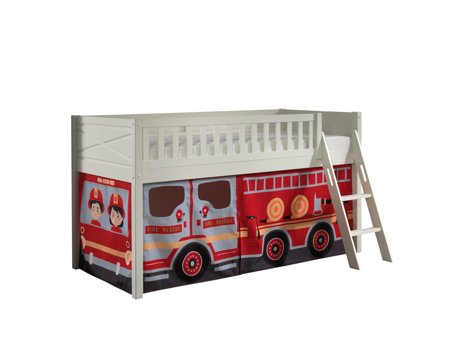 Spielbett SCOTT - weiß - Fire Rescue - mit Vorhang und Leiter - 90x200 cm
