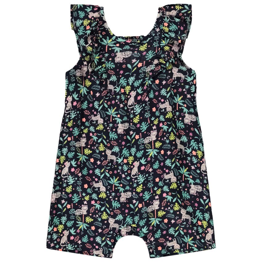 Combishort en voile imprimé jungle pour bébé fille - Bleu marine
