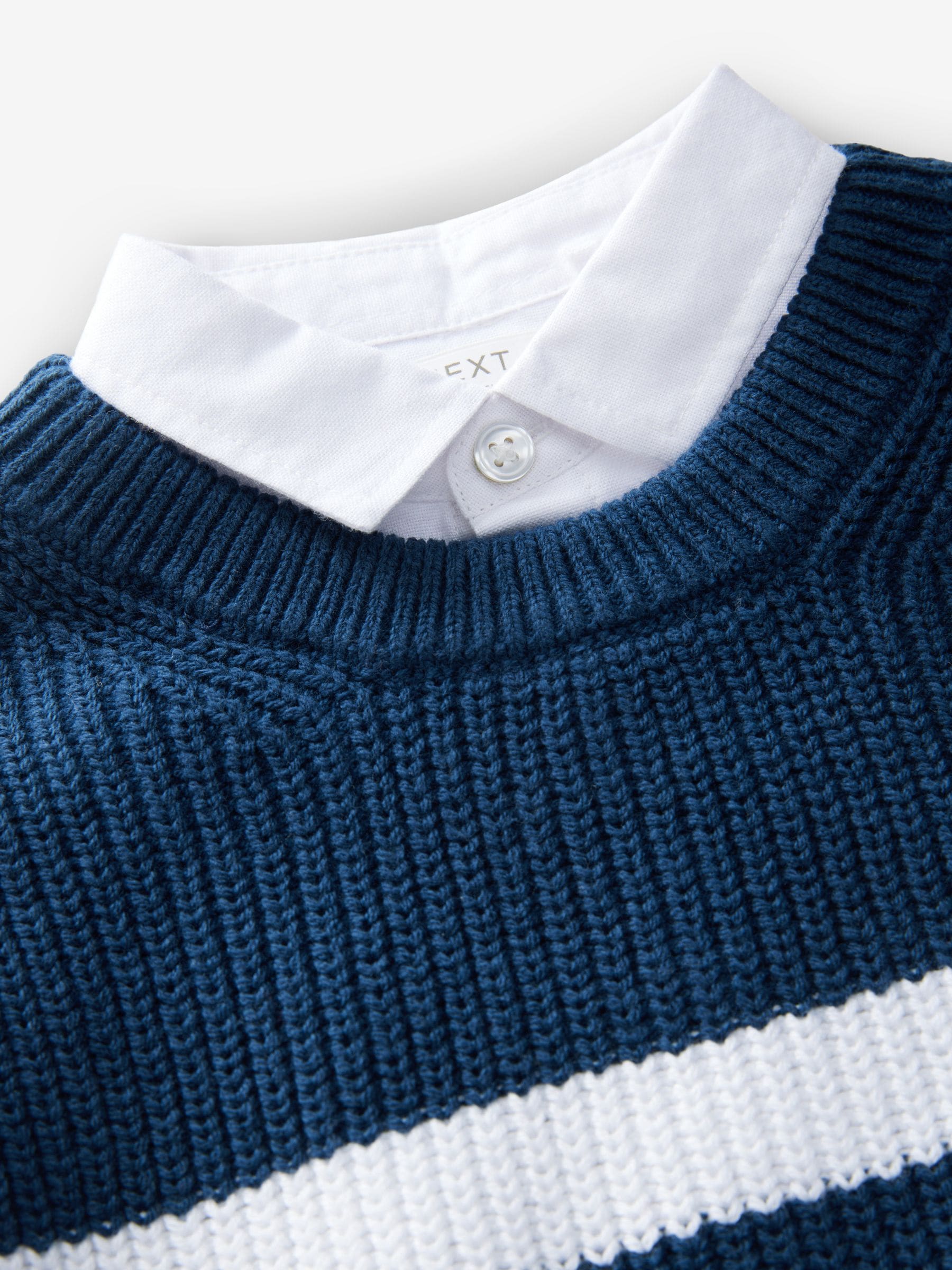 Marineblauw gestreept - 100% katoenen gebreide trui met mock hals (3mnd-7jr)