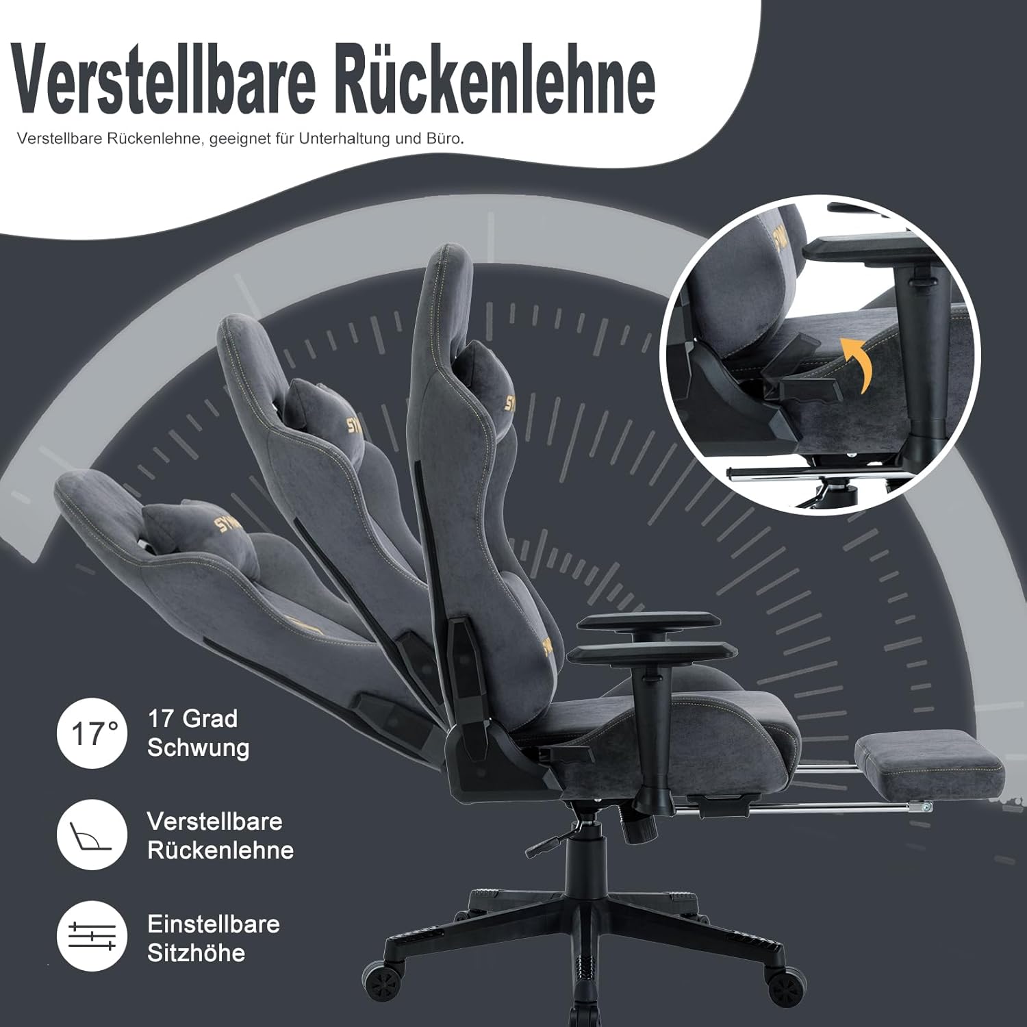 Symino Gaming Stuhl, Atmungsaktiver Bürostuhl aus Hochwertigem Stoff, So Weich Wie Pelz, Ergonomischer PC-Stuhl, Verstellbarer und Drehbarer Schreibtischstuhl mit Fußstütze, Grau