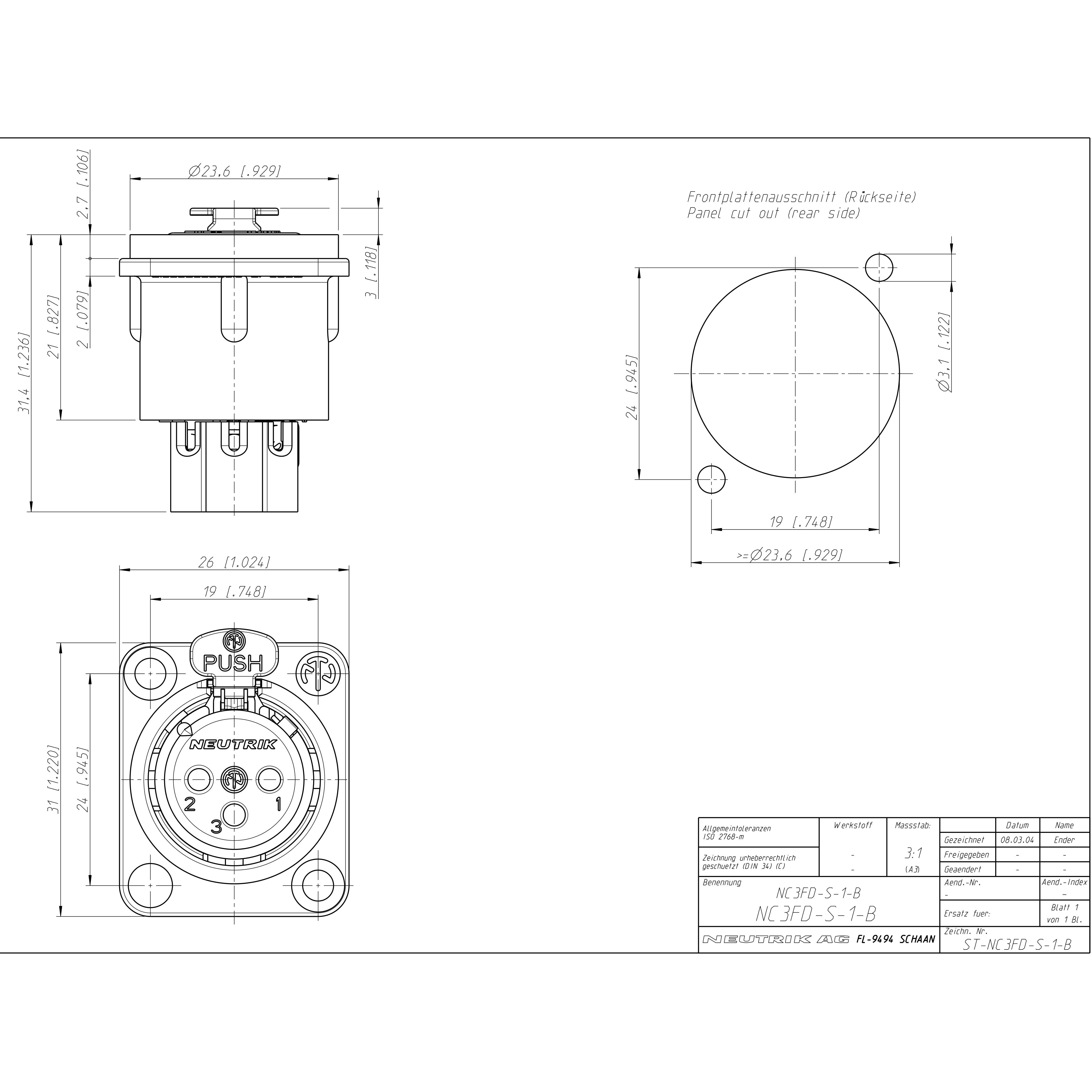 Neutrik NC3FD-S-1-B XLR chassisdeel 3p zwart female