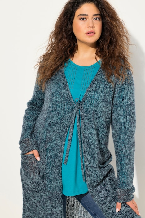 Long-Strickjacke, Bindeband, V-Ausschnitt, Rollkanten
