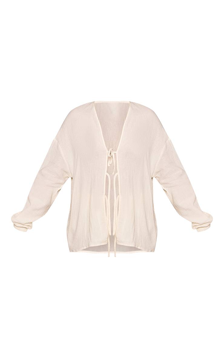 Crème Ensemble Chemise Grande Taille En Gaze Texturée Avec Lien À Nouer Devant
