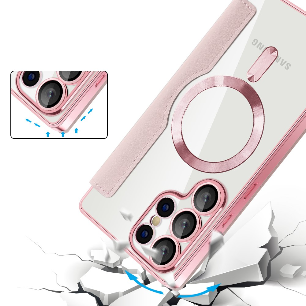 Samsung Galaxy S25 Ultra Hybrid Leder Tasche   Kunststoff Rückseite MagSafe-Modul mit Steppmuster (RFID Schutz) - Rosa / Transparent