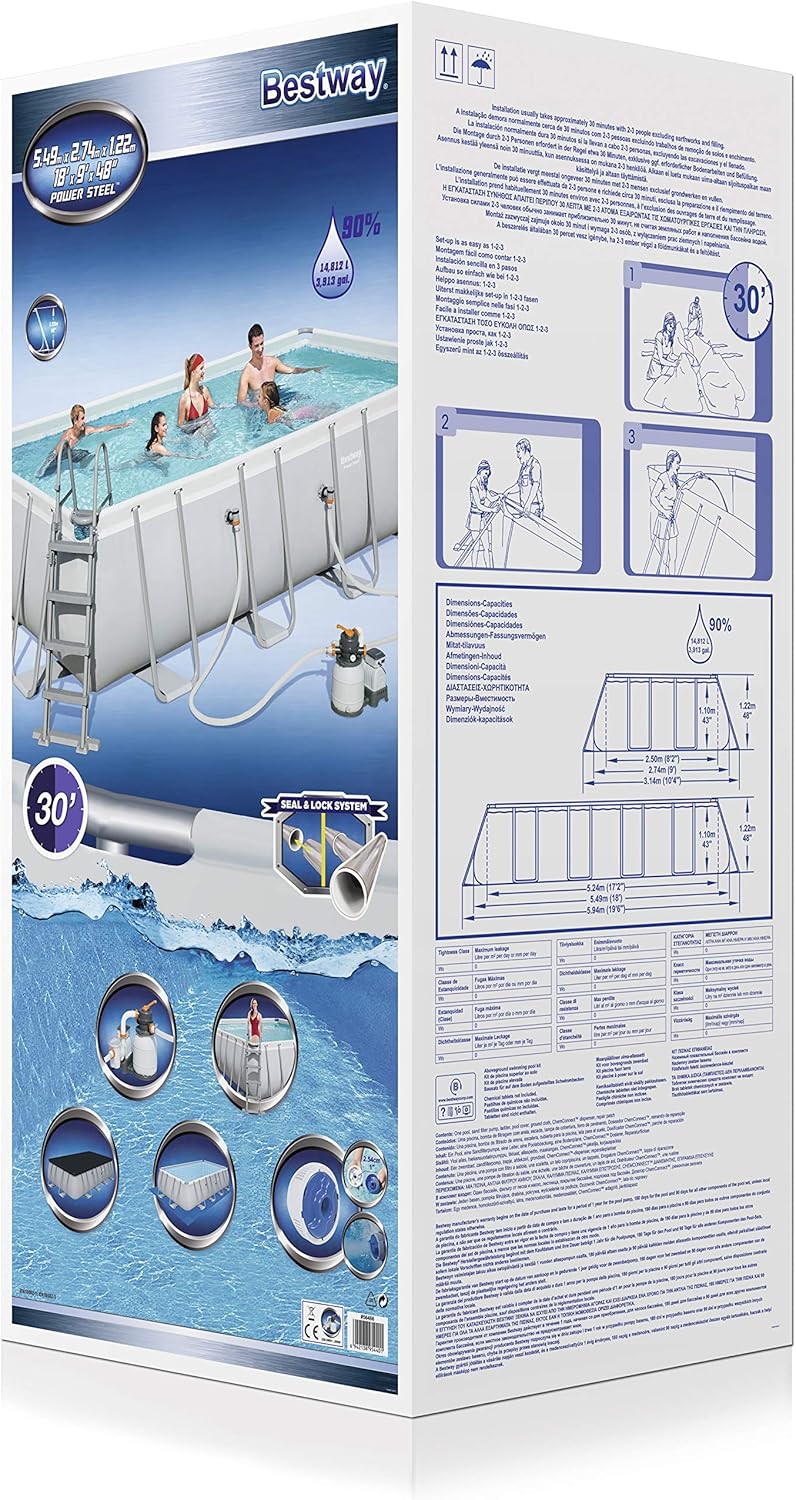 BESTWAY Power Steel Rectangular Pool Set 549x274x122 cm, Stahlrahmenpool-Set mit Sandfilteranlage und Zubehör