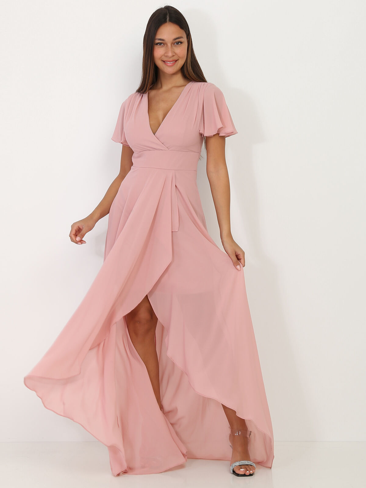 Robe portefeuille à manches papillons- Vieux rose