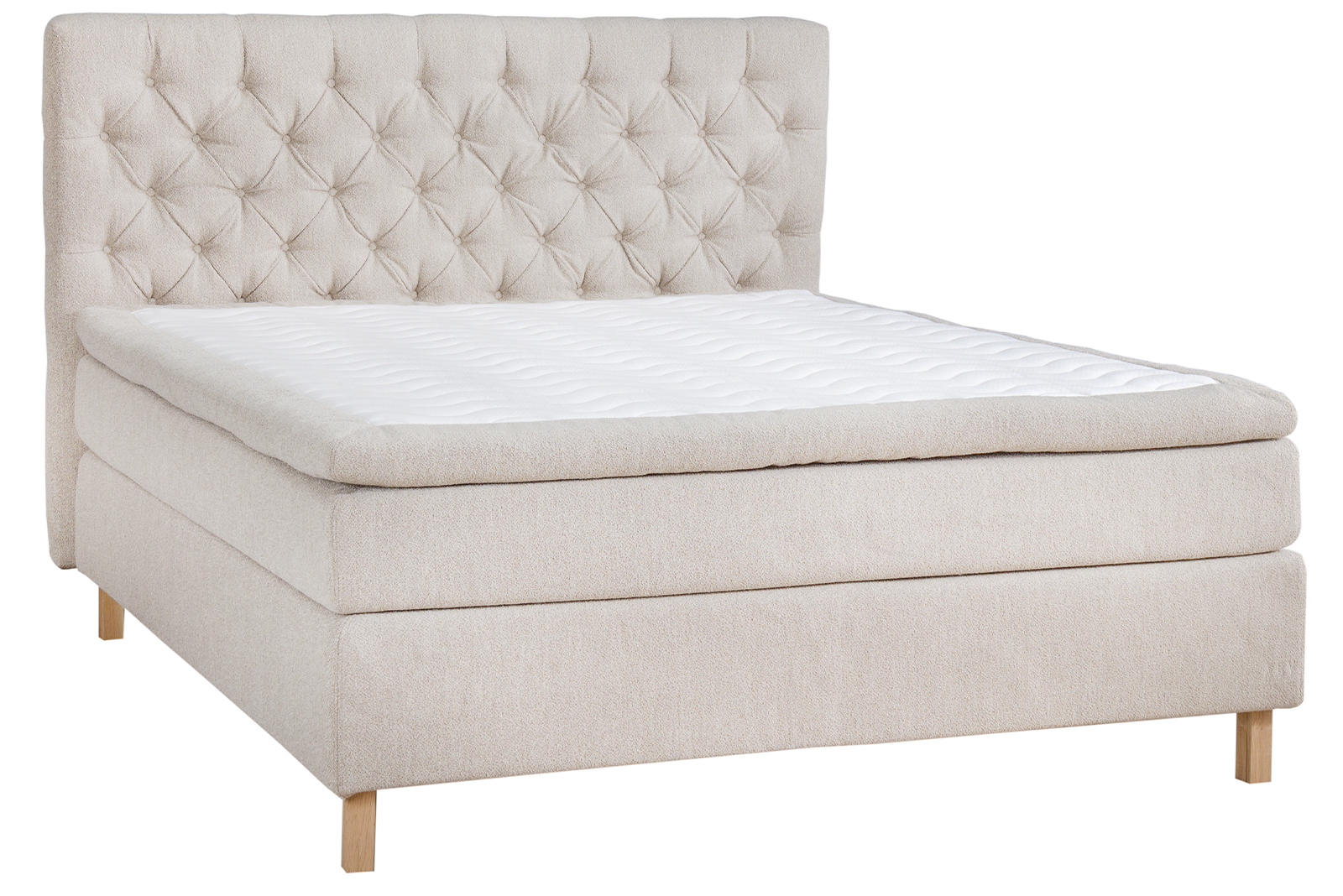 Premium LUX 100 kontinentalseng 180x210 cm i tekstil Bris 05 beige med fast/fast fasthet, Premium LUX 100 overmadrass med tekstilkant og firkantet ben i  hvitoljet eik 15 cm