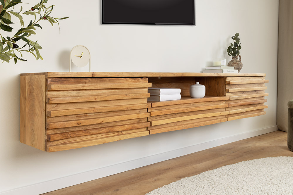 Hängendes TV-Lowboard RELIEF 200cm natur Akazienholz massiv mit aufwändiger Front