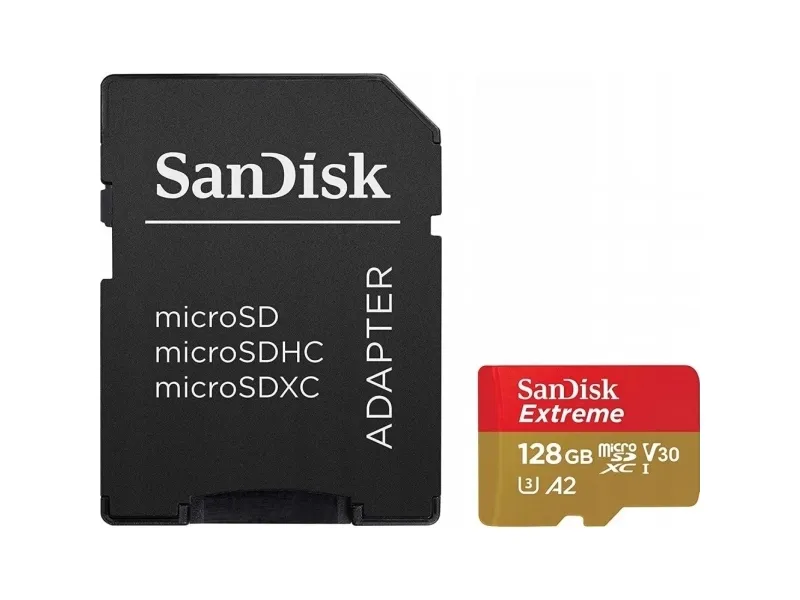 SanDisk Extreme - Flashhukommelseskort (microSDXC til SD adapter inkluderet) - 128 GB - A2 / Video Class V30 / UHS-I U3 / Class10 - microSDXC UHS-I