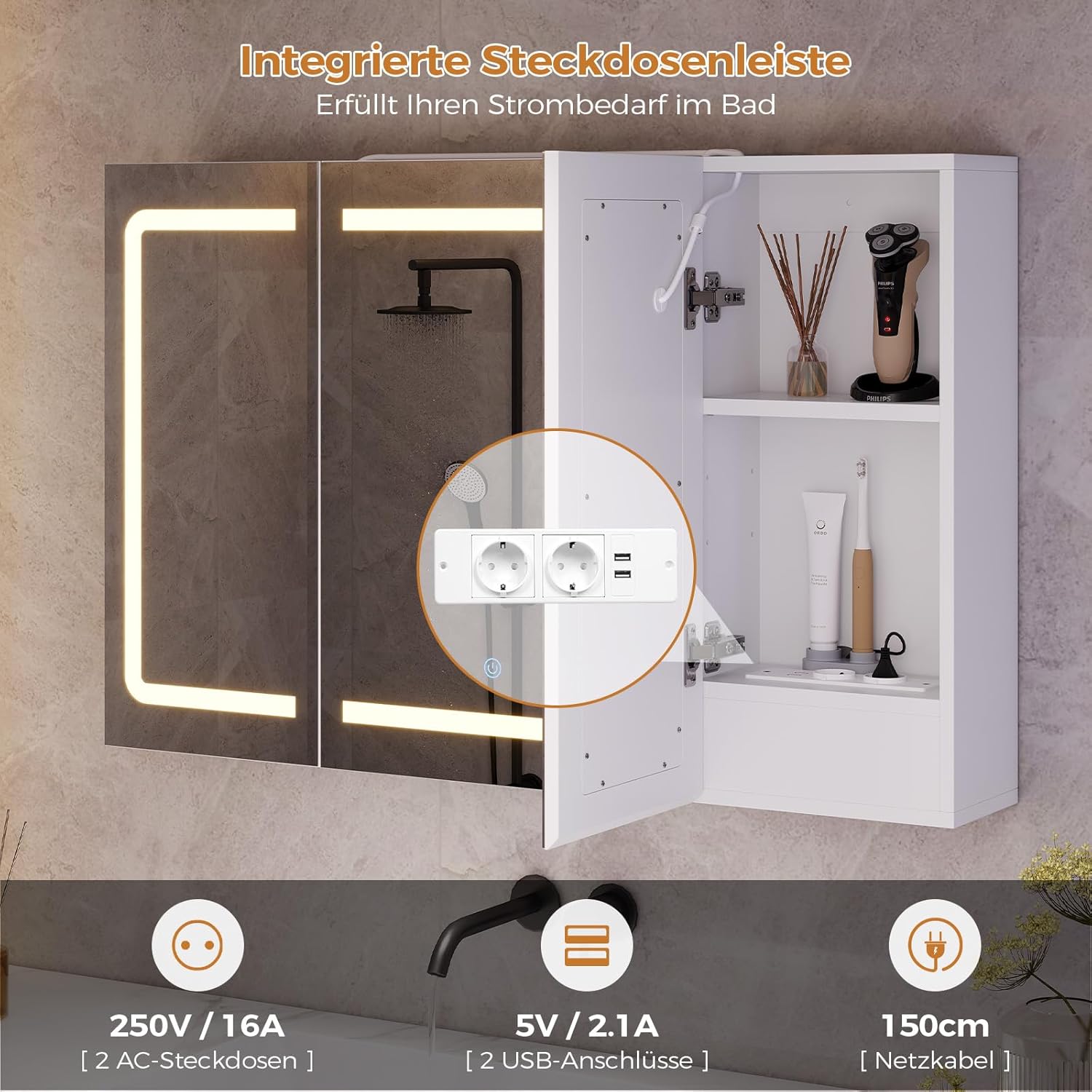 Spiegelschrank mit LED-Beleuchtung,Steckdose & 3 Farbtemperaturen|Badezimmerschrank 60×90×16 cm (H×B×T) dimmbar +Touch-Sensor|Weißer Badspiegelschrank mit 3 x verstellbaren Regalen&Spiegel
