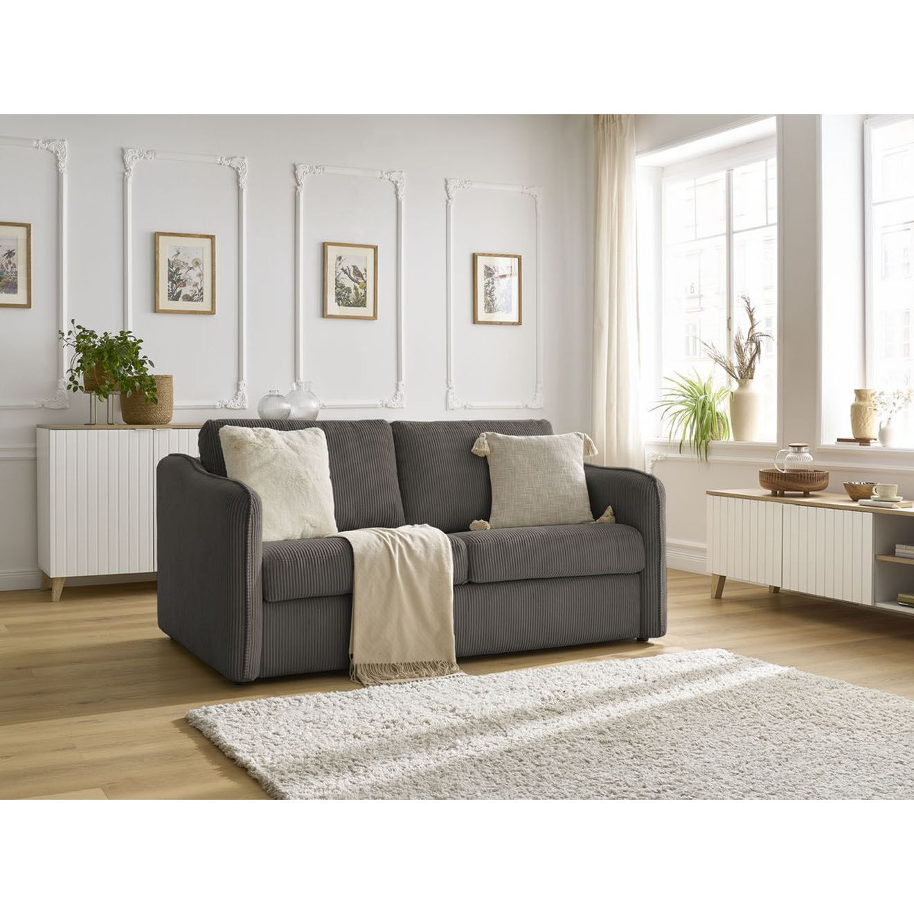 Bobochic Canapé droit convertible express en Velours côtelé 3 places Lenny taupe - 178x102x89 cm