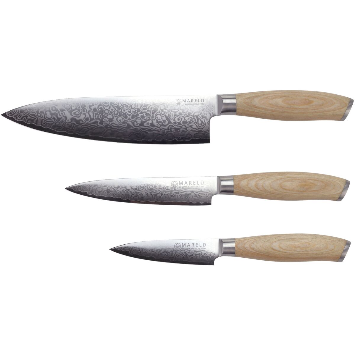 Akio sett med 3 japanske kniver: kokkekniv 21 cm, universalkniv 13 cm og skrellekniv 9 cm