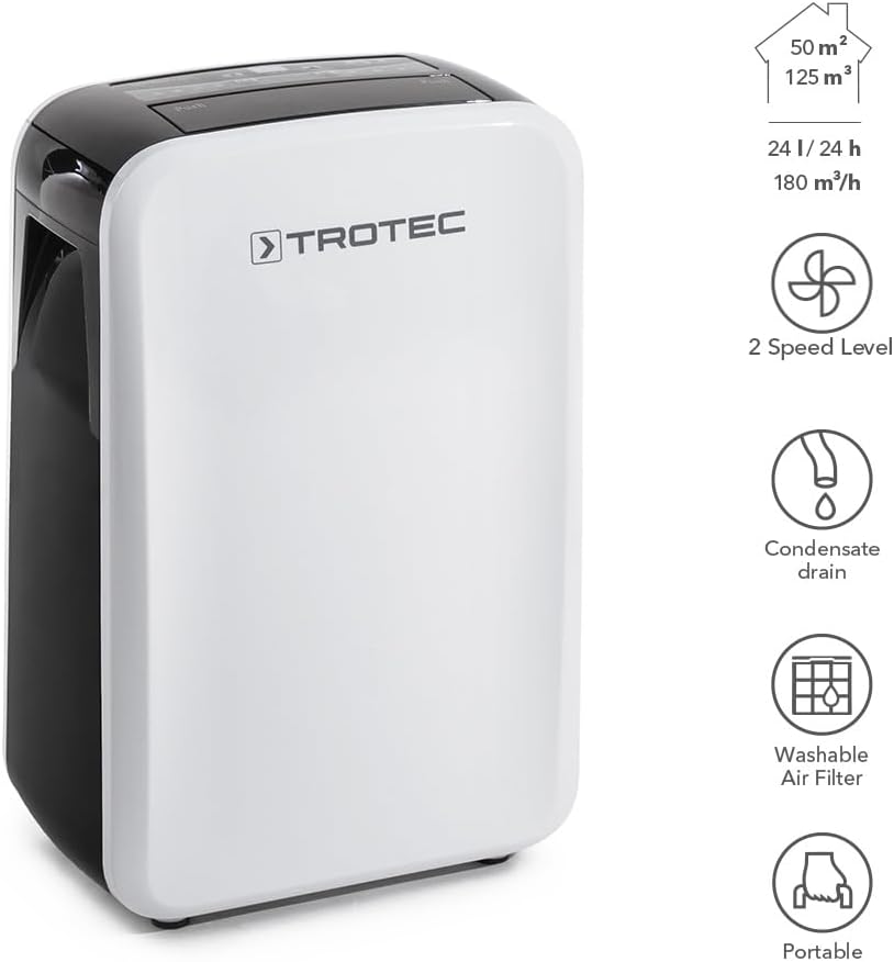 TROTEC TTK 71 E Déshumidificateur d'air, Déshumidificateur Electrique, Déshumidificateur Portable, Absorbeur d'humidité, Déshumidification Max. 24 l/j, pour 50 m² Max., Hygrostat intégré
