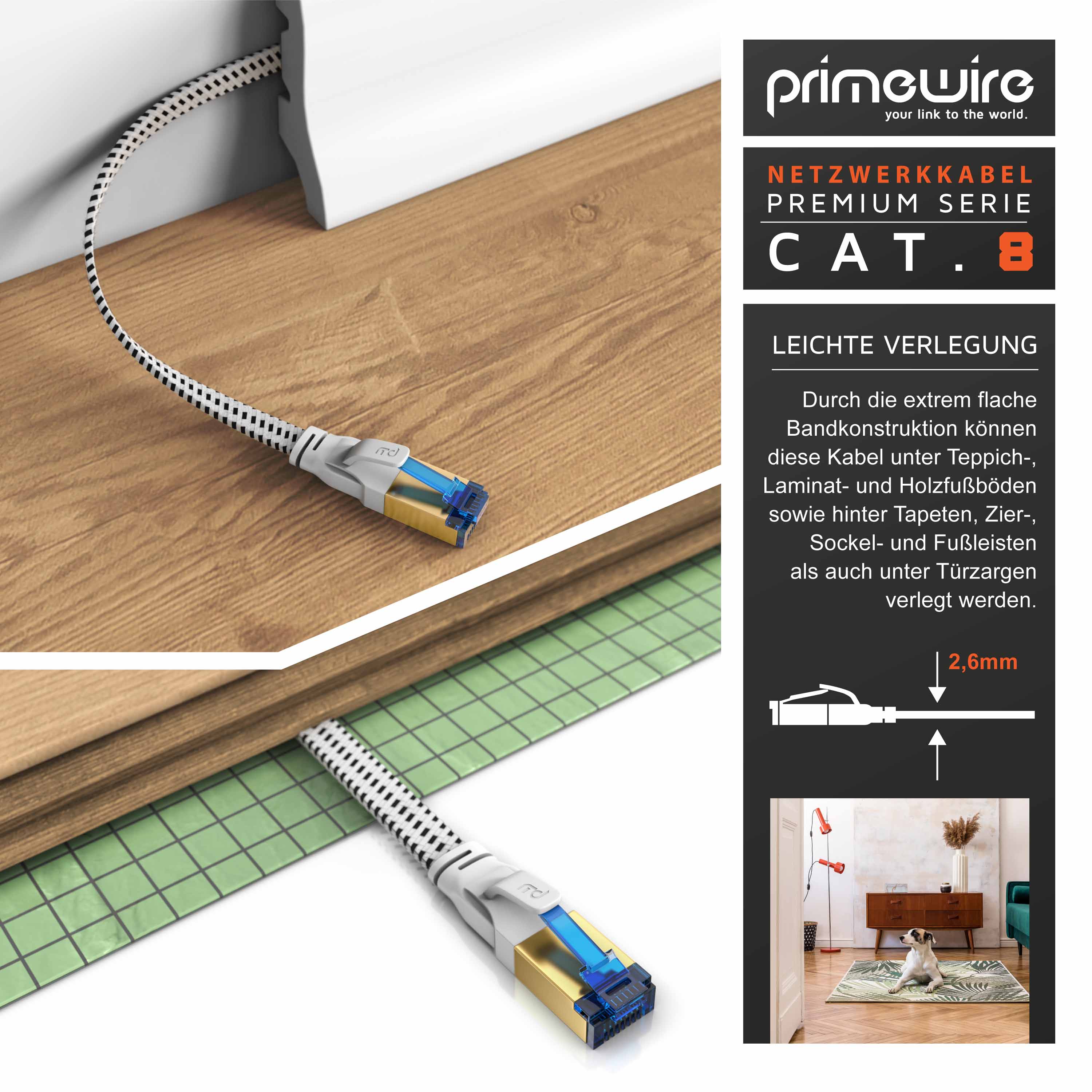 Primewire Flachbandpatchkabel CAT 8 mit Baumwollummantelung - Gigabit Ethernet LAN Kabel - 40 Gbit/s - S/FTP PIMF Schirmung - Netzwerkkabel - 0,25m