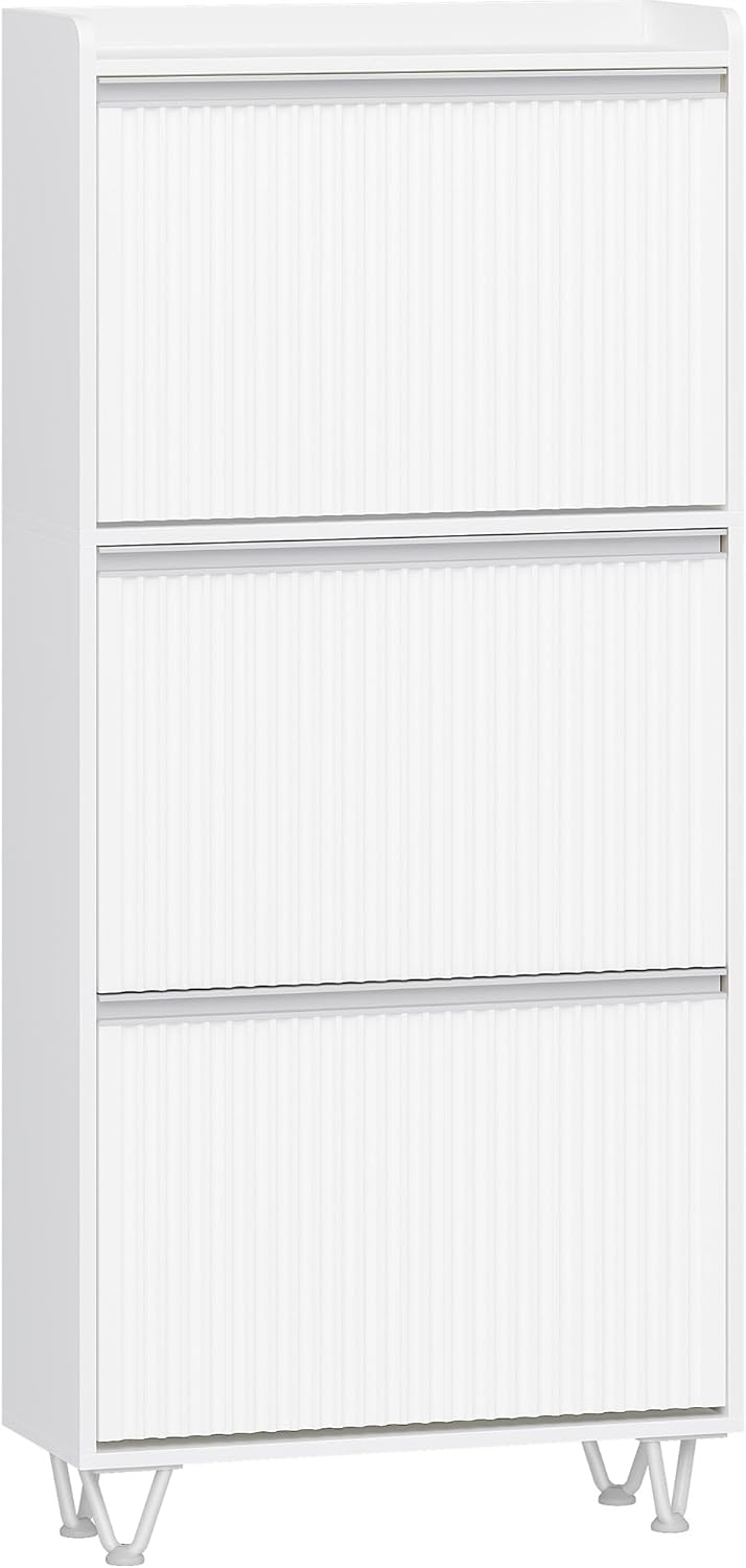 Hzuaneri Schuhschrank mit 3 Klappen, Schuhkipper Schmal, Wellenförmiges Türblatt, Verstellbar, 16-18 Paar, Schuhkommode für Eingang, Flur, Garderobe, 24 x 60 x 146,5 cm, Weiß und Silber SR62103W