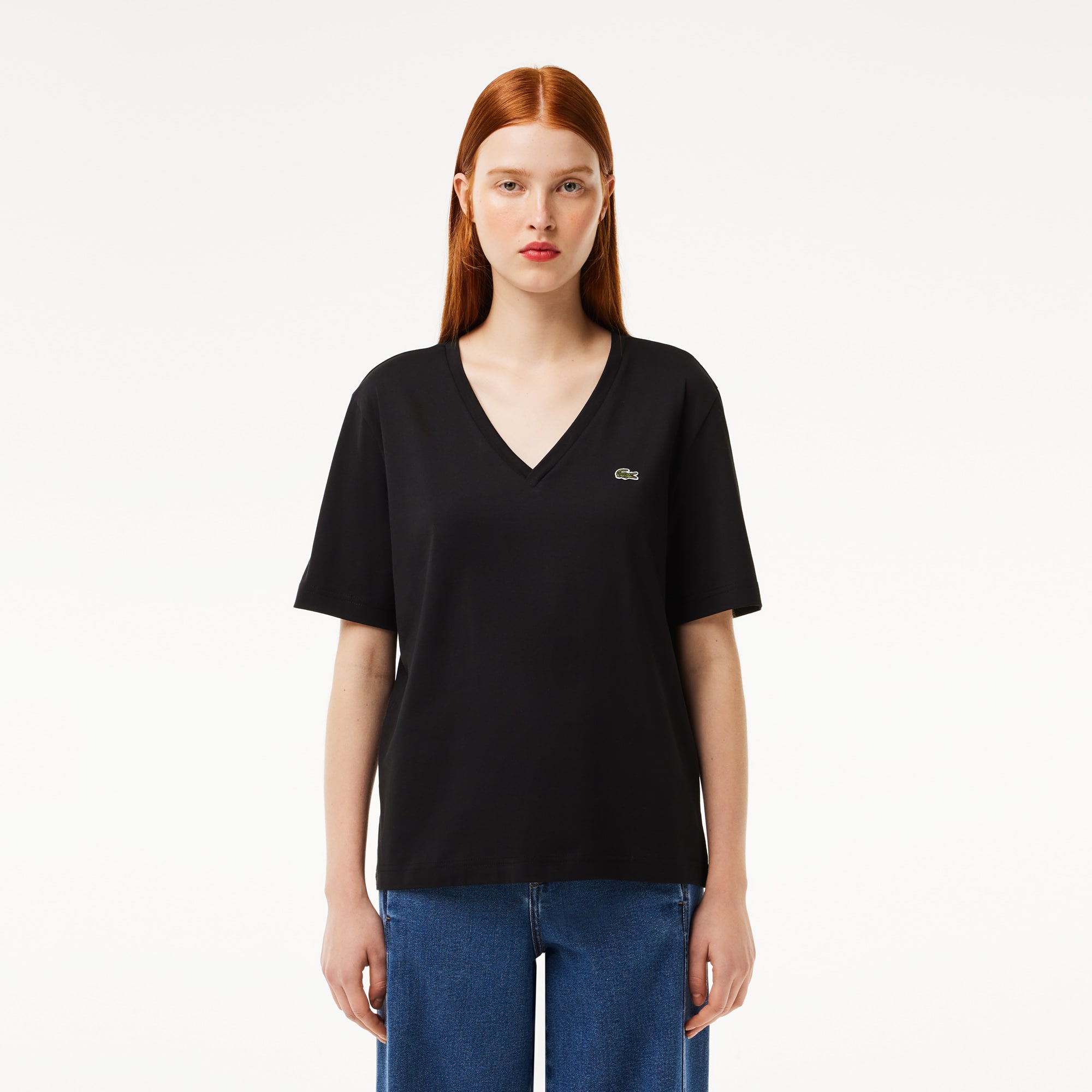 T-shirt relaxed fit en jersey de coton doux col V T-Shirts - Noir - Lacoste - Femme