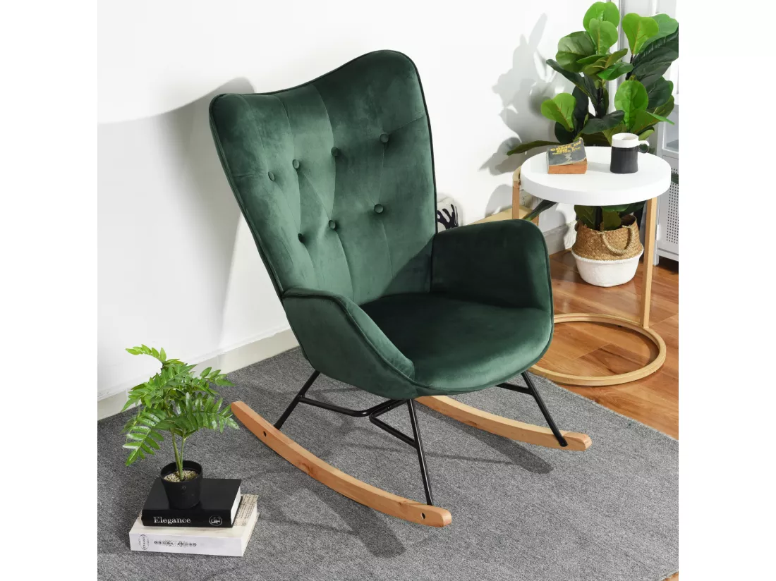 MEUBLES COSY Fauteuil à Bascule Allaitement Rocking Chair Scandinave Chaise Loisir Revêtement en Velours avec Pieds en Bois Massif pour Salon, Chambre, Le Balcon, Vert