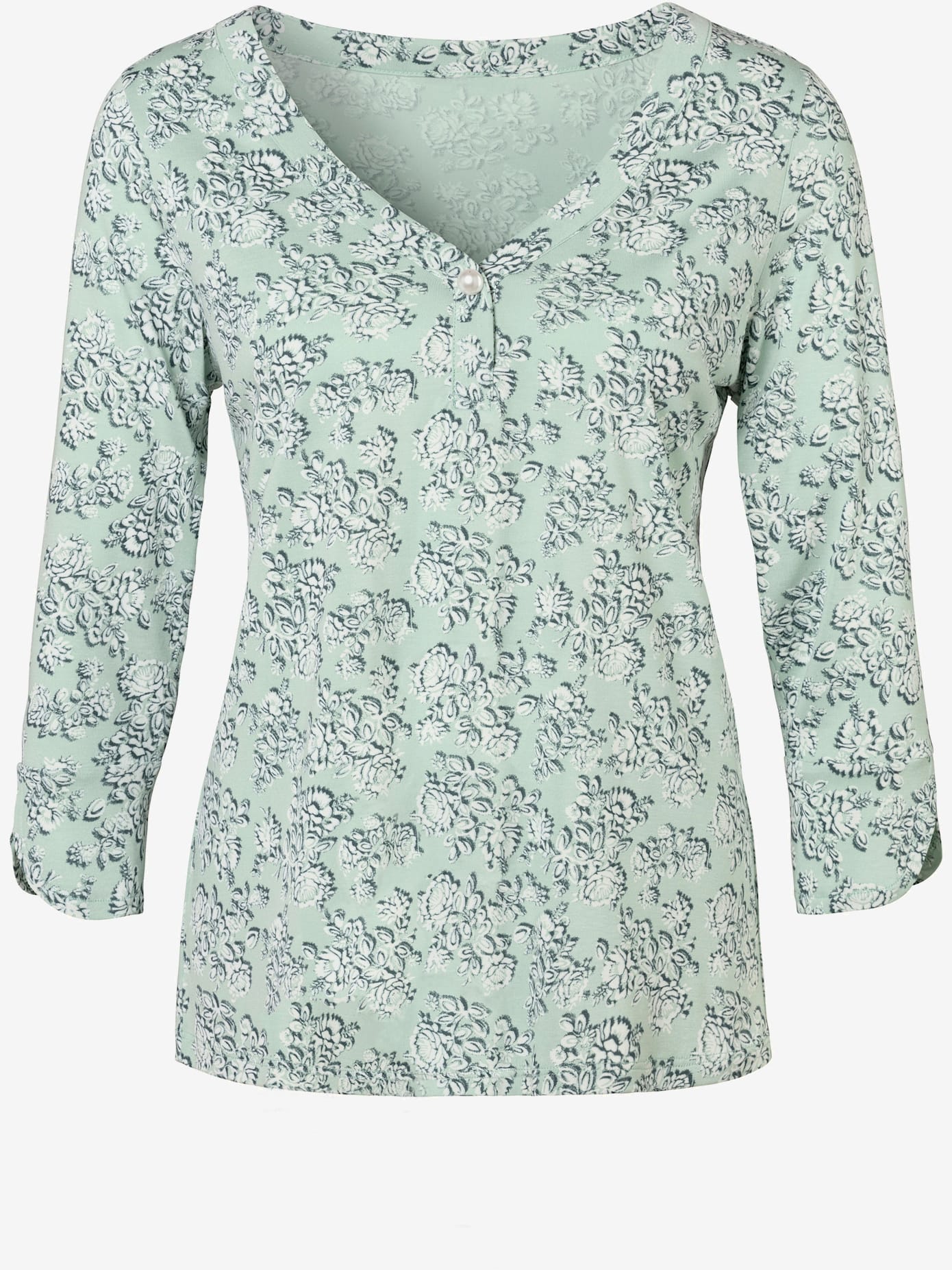 T-shirt à manches 3/4 encolure en v avec grosse perle artificielle