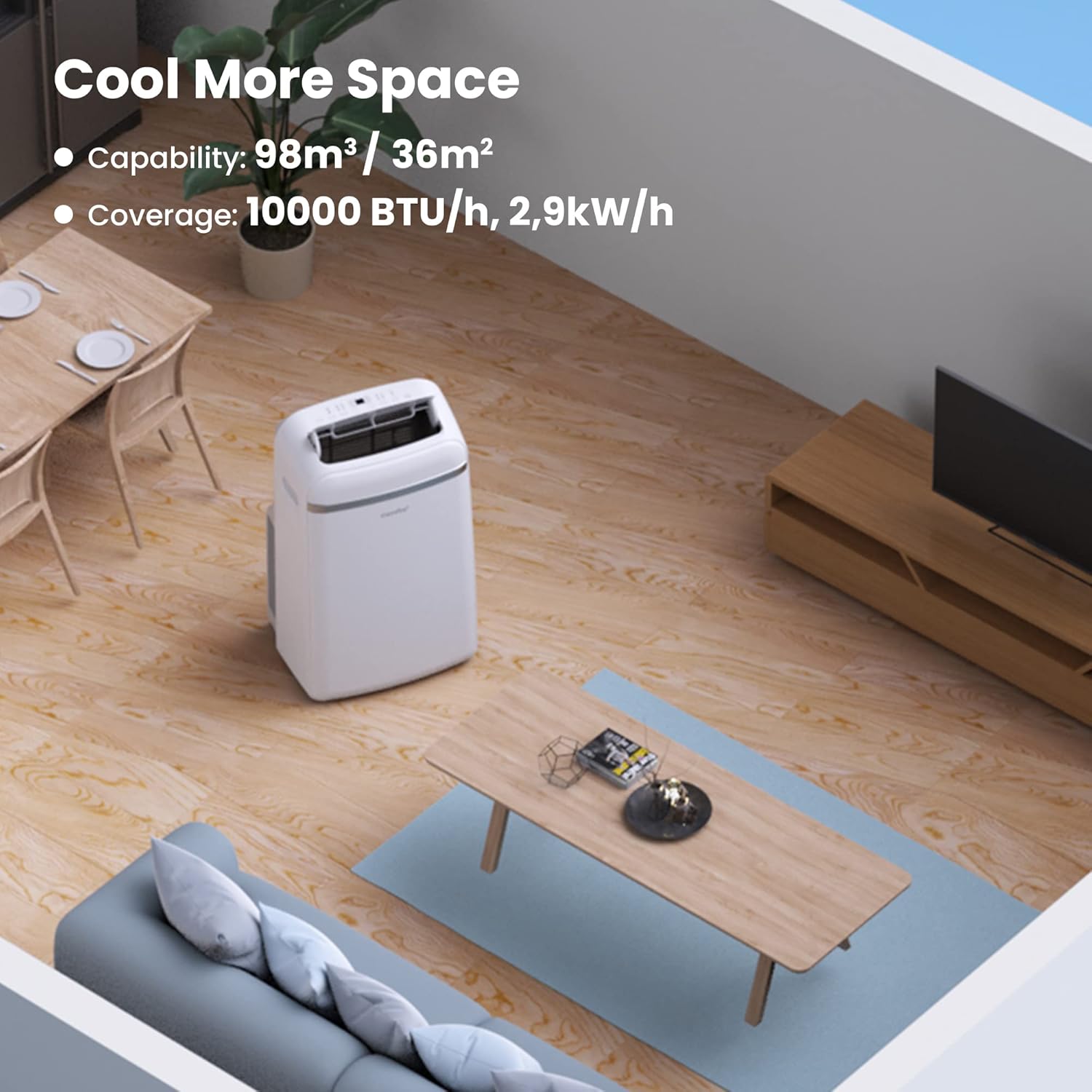 Comfee Mobiles Klimagerät Umweltfreundliches KältemittelPro, 3-in-1 Klimaanlage mit Abluftschlauch, Kühlen und Entfeuchten und Ventilieren, 10000 BTU, 2,9kW, für Räume ca. 80 m³(32 ㎡), EEK A+