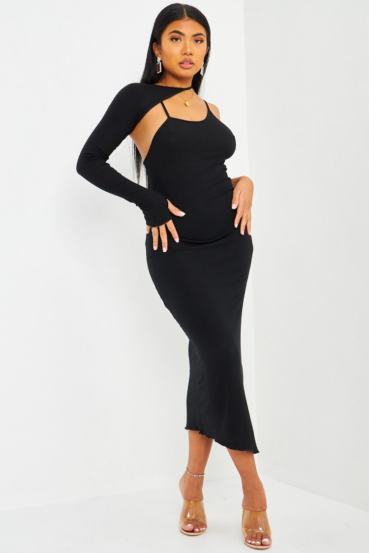 Robe asymétrique mi longue noire à manche mitaine amovible