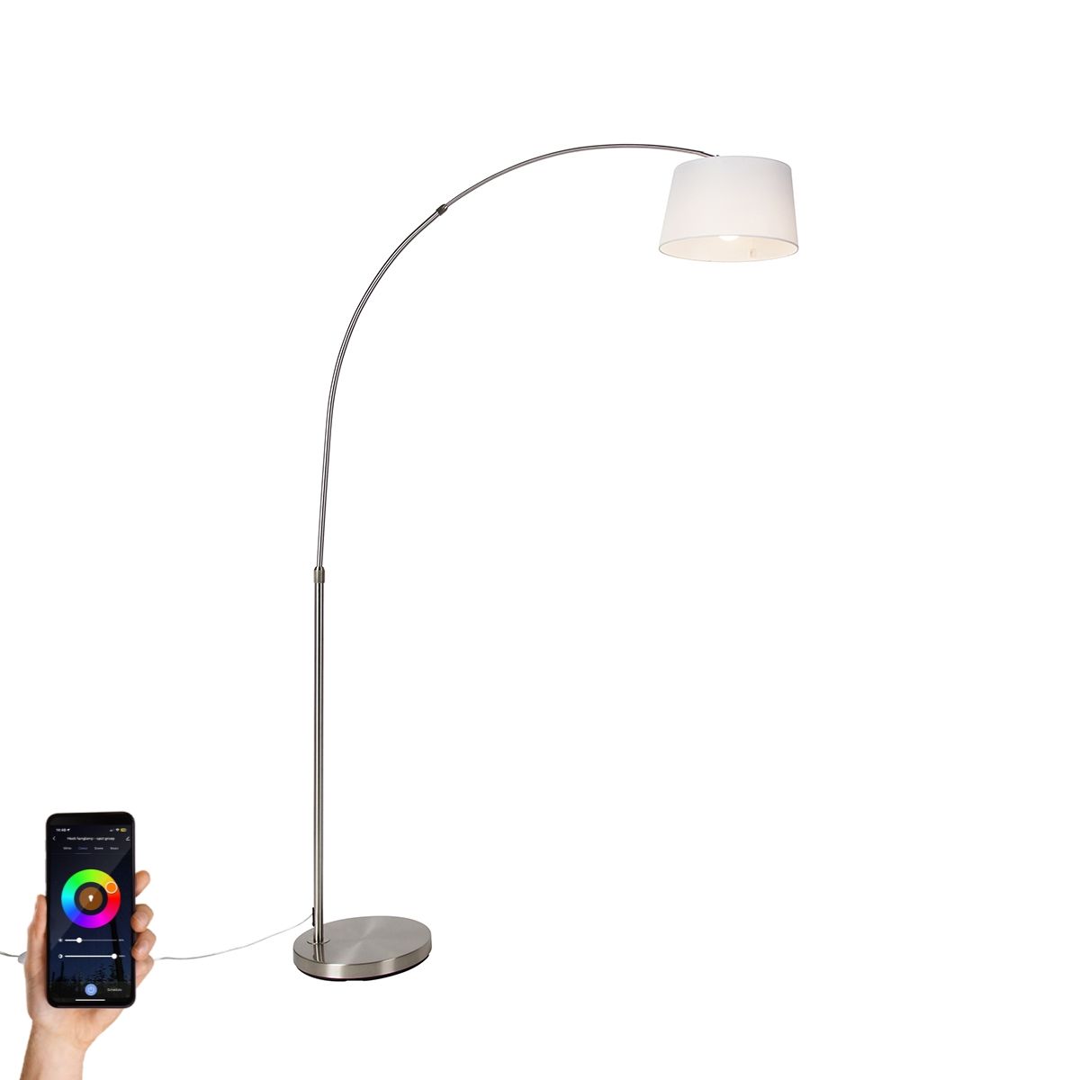 Smart booglamp staal met witte stoffen kap incl. Wifi A60 - Arc Basic