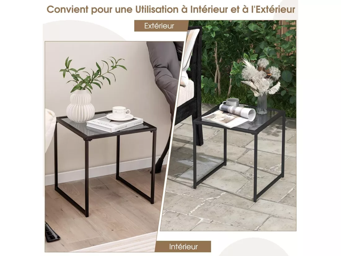 Table d'Appoint Carrée d'Extérieur en Verre Trempé, Table de Jardin Bistro Cadre en Métal Charge 30 kg, Petite Table Basse pour Patio Balcon Terrasse, 43 x 43 x 45 cm, Noir