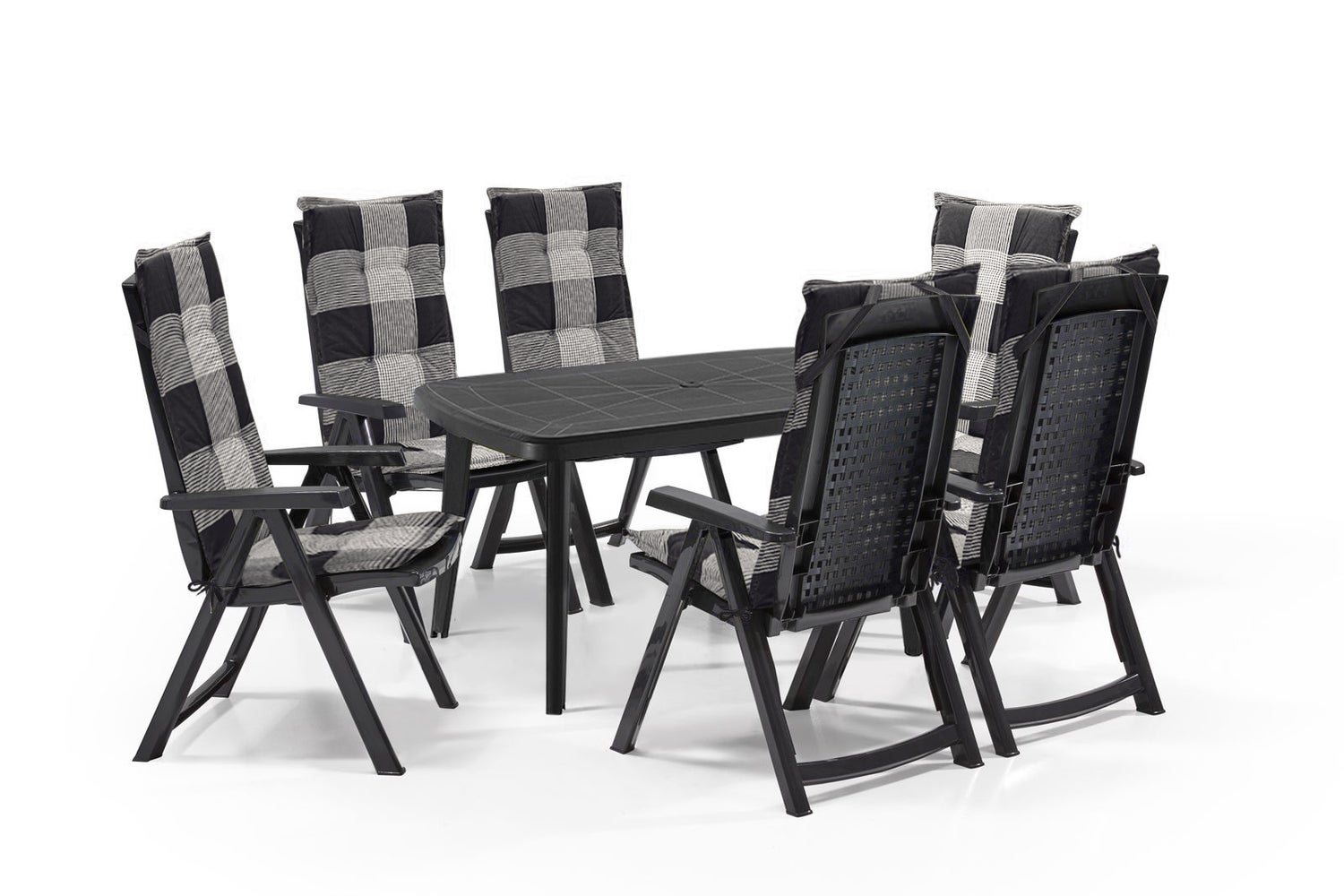 Shaf Milano 7-delige tuinset antraciet bestaande uit: 1 tafel en 6 klapstoelen met veiligheidsslot inclusief Madison geruite kussens