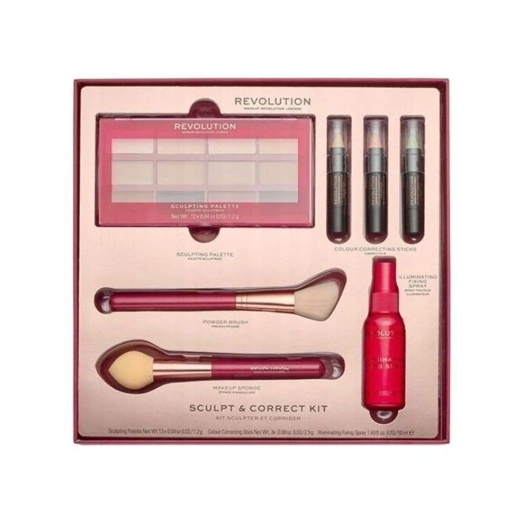 Makeup Revolution Sculpt Correct Kit Geschenkset: Konturpalette, Concealer in 3 Farbtönen, Fixierer und 2 Puderpinsel