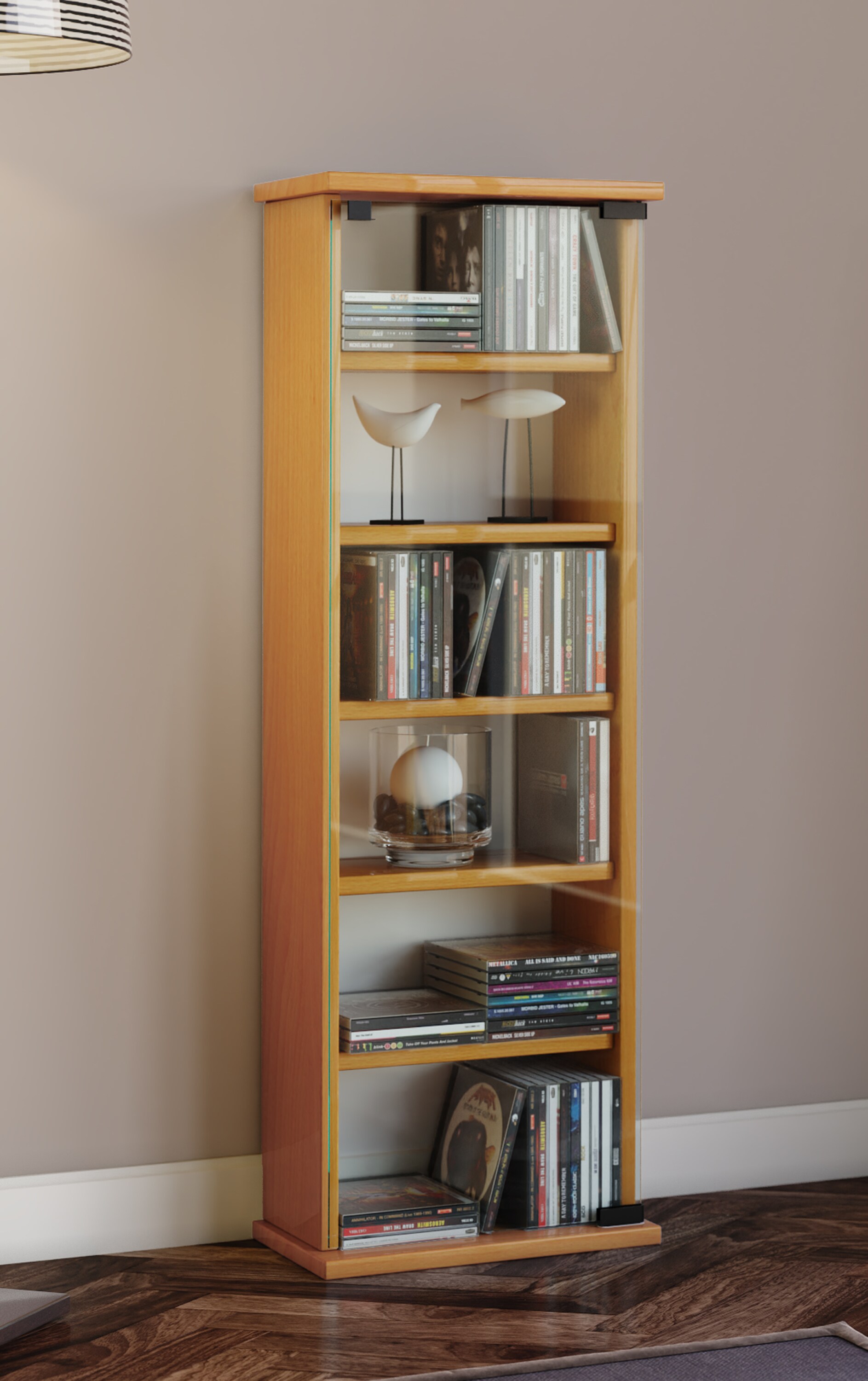 VCM CD Regal Holz Vetro | platzsparender CD Schrank mit Glastüren für 150 CDs oder 65 DVDs | Maße: H. 92 x B. 31 x T. 18 cm | elegantes DVD Regal stehend | Blu ray Regal | CD Regal