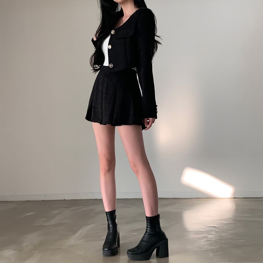MIKIGA - Set: ronde hals, tweed cropped jasje met knoopjes + geplooide minirok met hoge taille