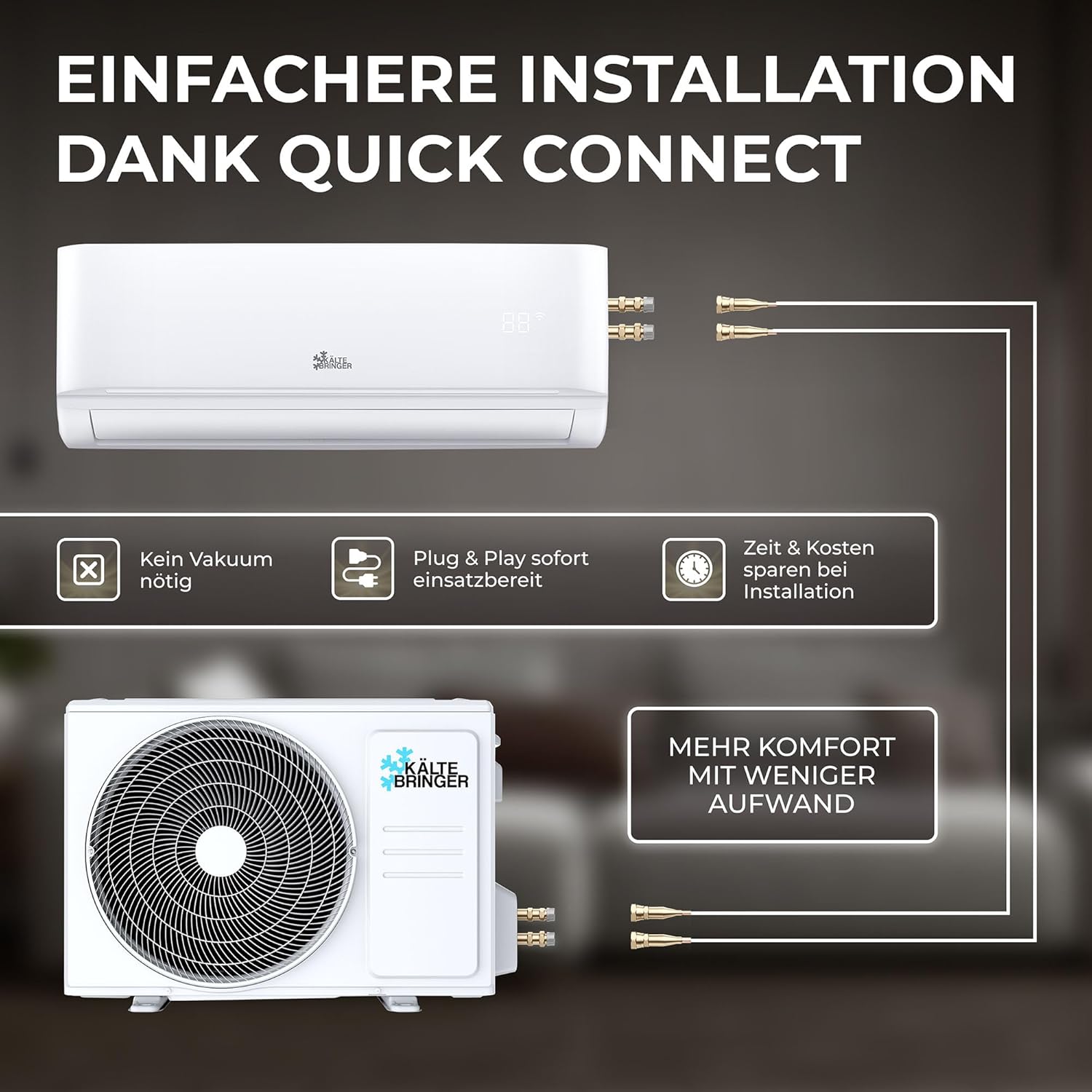 Kältebringer Split Klimaanlage Quick Connect - 12000 BTU (3,5 kW) - Klimagerät mit Heizfunktion, WiFi & App, bis 55qm, sehr leise - 5m Kupferleitung, Kältemittel R32, Montagematerial