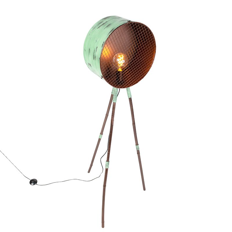 Vintage vloerlamp op bamboo driepoot groen met koper - Barrel