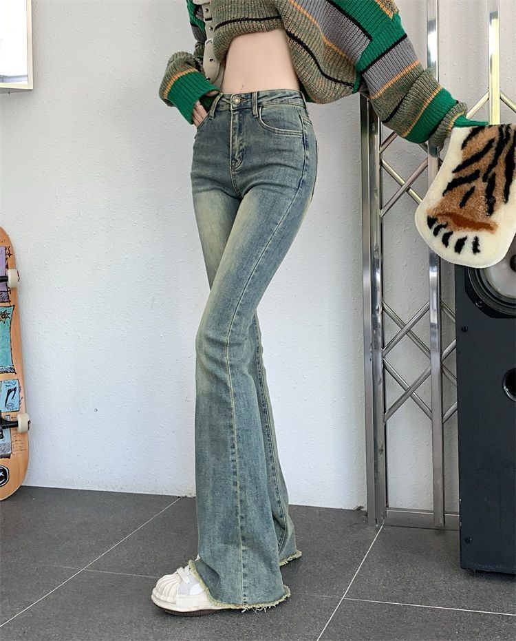 Hanji - Low Rise Washed Frayed Flared Jeans