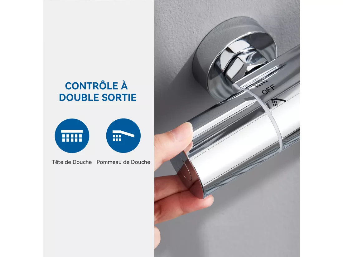 Colonne de douche avec mitigeur thermostatique,douche pluie 225 mm,douchette (3 jets),support,flexible douche,barre/douche de tête1 jet,Chromé