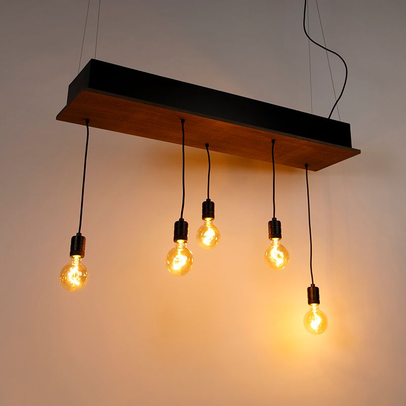 Landelijke hanglamp zwart met hout 5-lichts - Flair