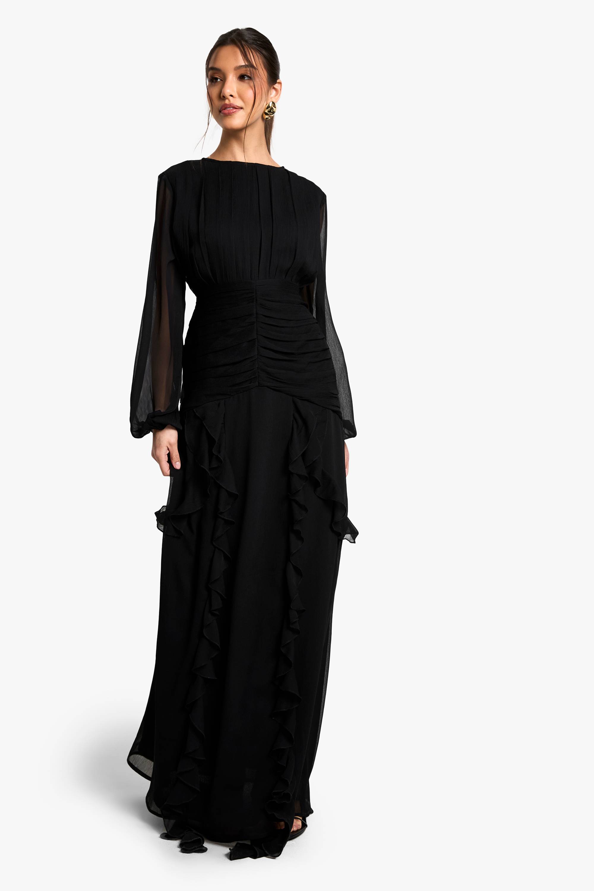 boohoo Robe Longue Maxi À Volants En Mousseline Crêpée