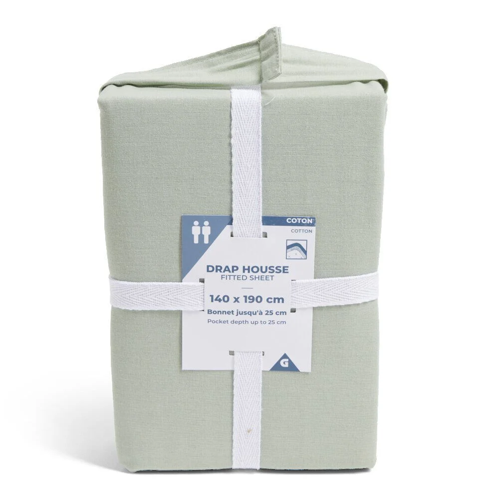 Drap housse 140x190cm 100% coton vert céladon