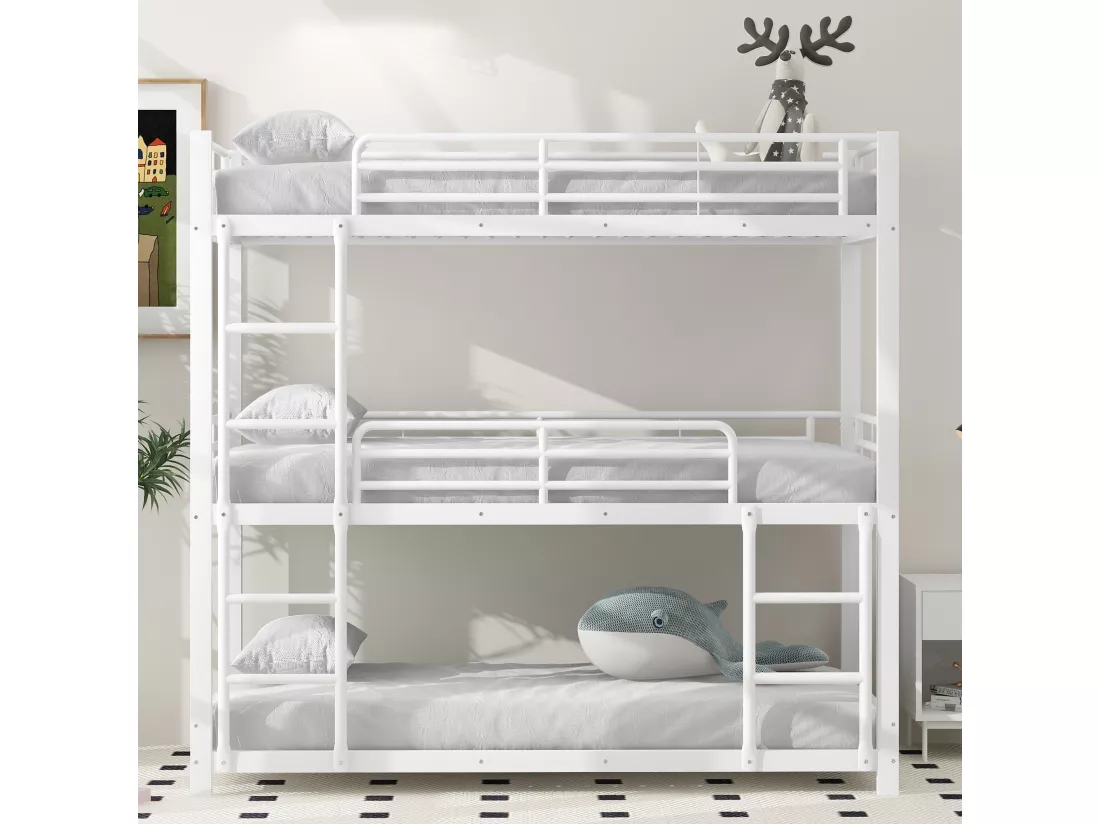 Lit superposé triple - 3x90x200cm - cadre en fer - Blanc