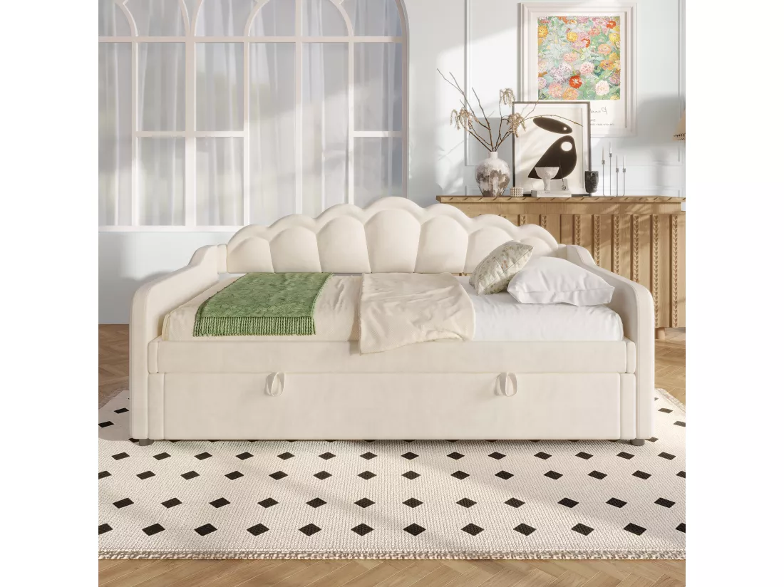 Canapé-lit coffre 90x200cm - Lumière LED changeante de couleur - Velours - Beige (sans matelas)