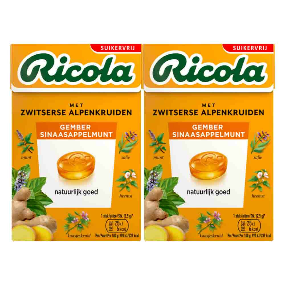 2x Ricola Gember Sinaasappelmunt Suikervrij Doosje50 gr