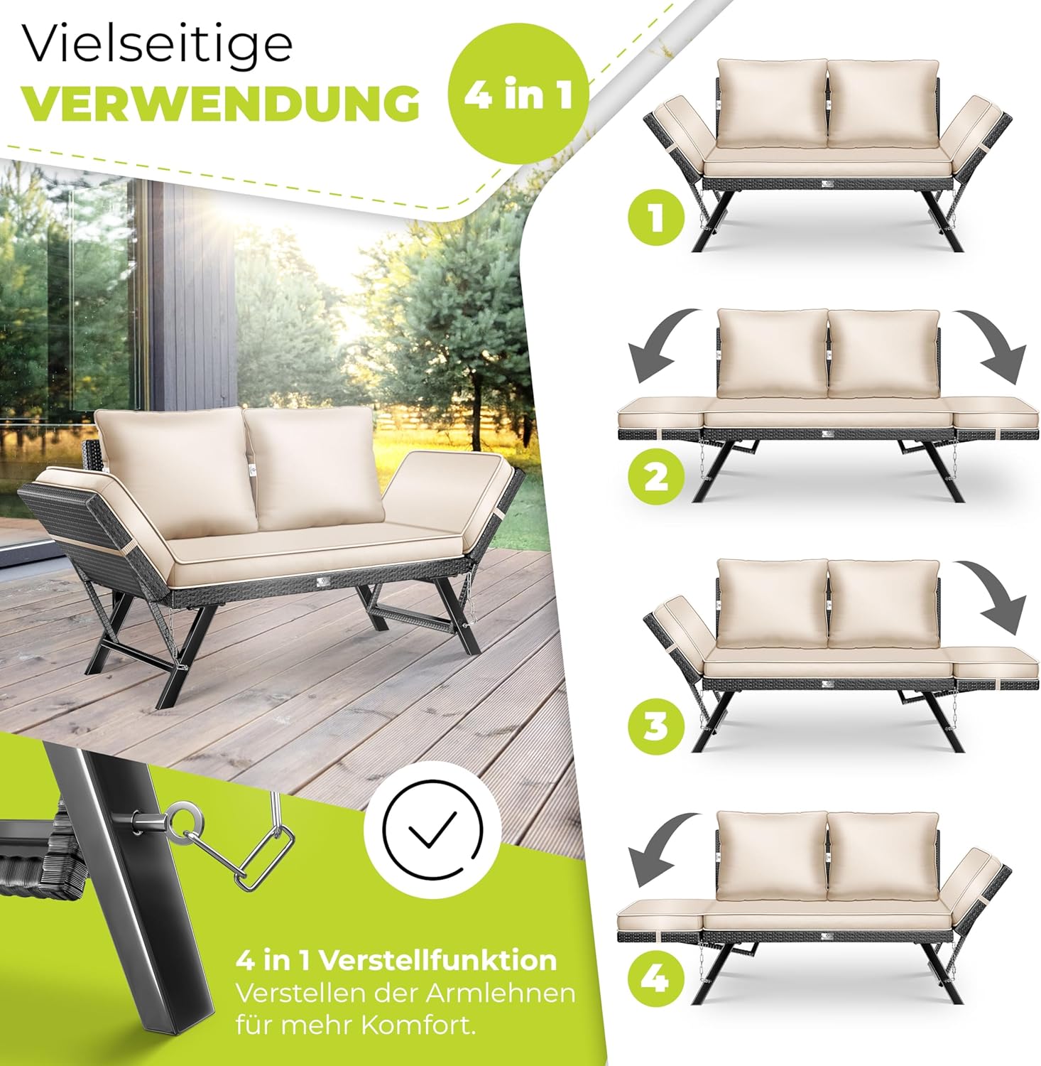 KESSER® Gartenbank Polyrattan Luna mit Liegefunktion Gartensofa 4 in 1 Verstellfunktion Gartencouch Wetterfest Balkonsofa Verstellbare Armlehnen, Extra Dicke & Weiche Polsterung Garten/Balkon/Terrasse