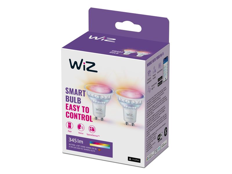 WiZ Leuchtmittel 50W GU10 Tunable White&Color Doppelpack Smartes Leuchtmittel, steuerbar über Matter, WLAN