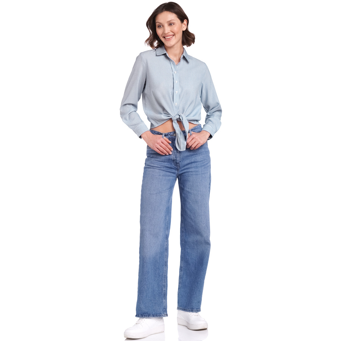 Gina Damen Hemdbluse mit Knoten-Detail blau / weiss