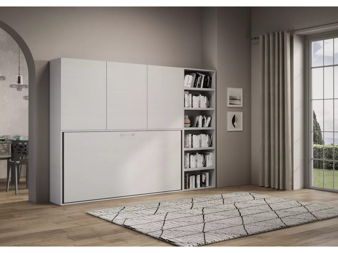 Lit escamotable horizontal blanc Bounto 85x185 avec rangement et bibliothèque composition G-1 matelas 85x185