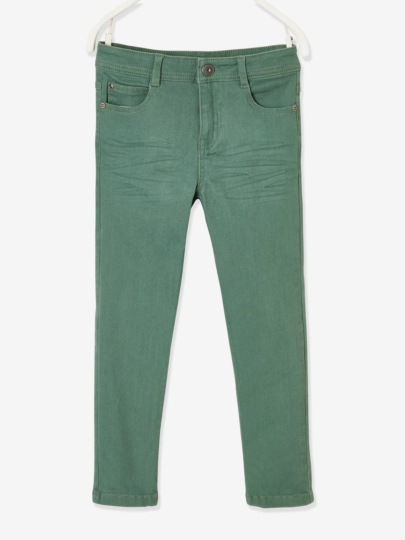 Calças MorphologiK slim-fit, para quadris largos, modelo STRONG, para meninos, verde-escuro liso com estampas.
