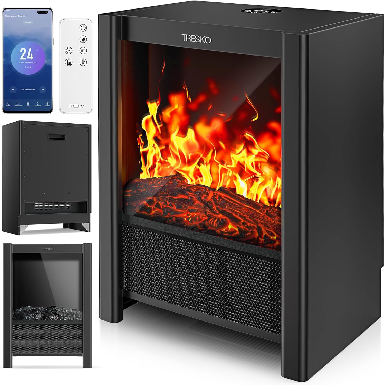 TRESKO® Elektrokamin mit Heizung & Fernbedienung 2000W, WiFi App | Kamin elektrisch LED-Flammeneffekt & LCD-Display | Kaminfeuer mit Thermostat, Timer | Elektro Kaminofen Standkamin Heizlüfter
