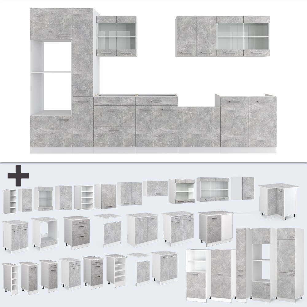 Vicco Küchenzeile Küchenblock Einbauküche R-Line 350 cm Weiß Beton Küche