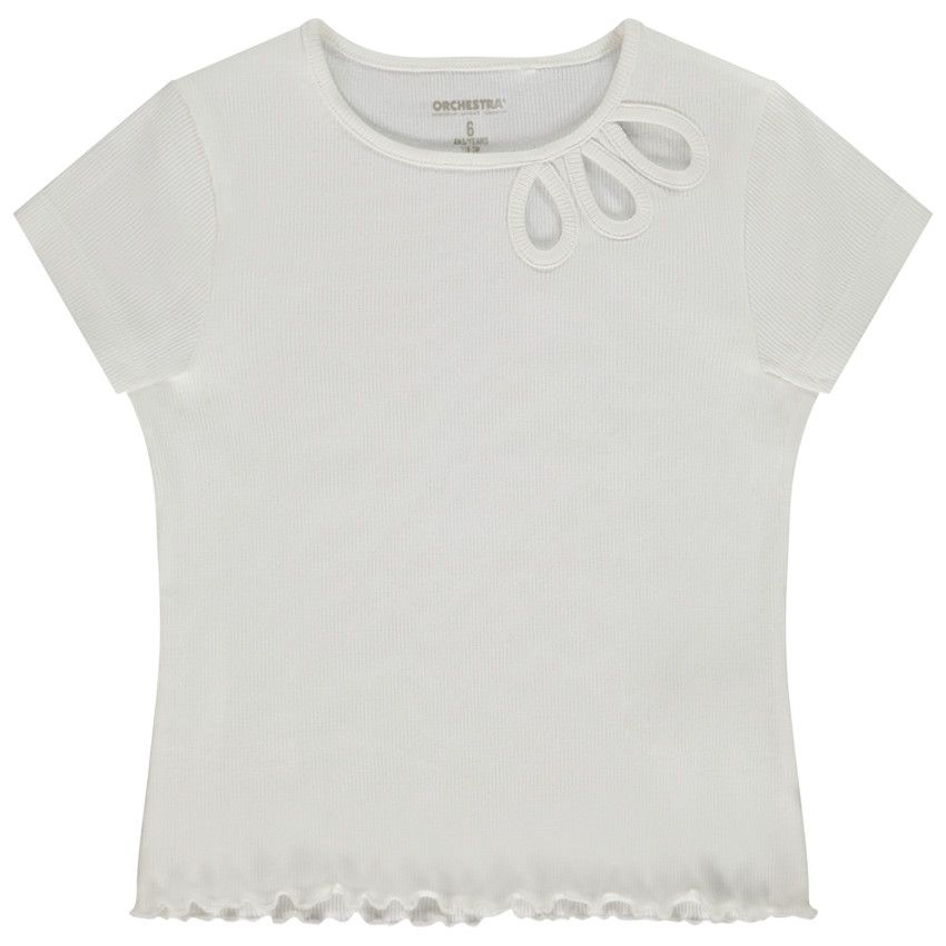 T-shirt manches courtes côtelé et ajouré pour fille - Ecru