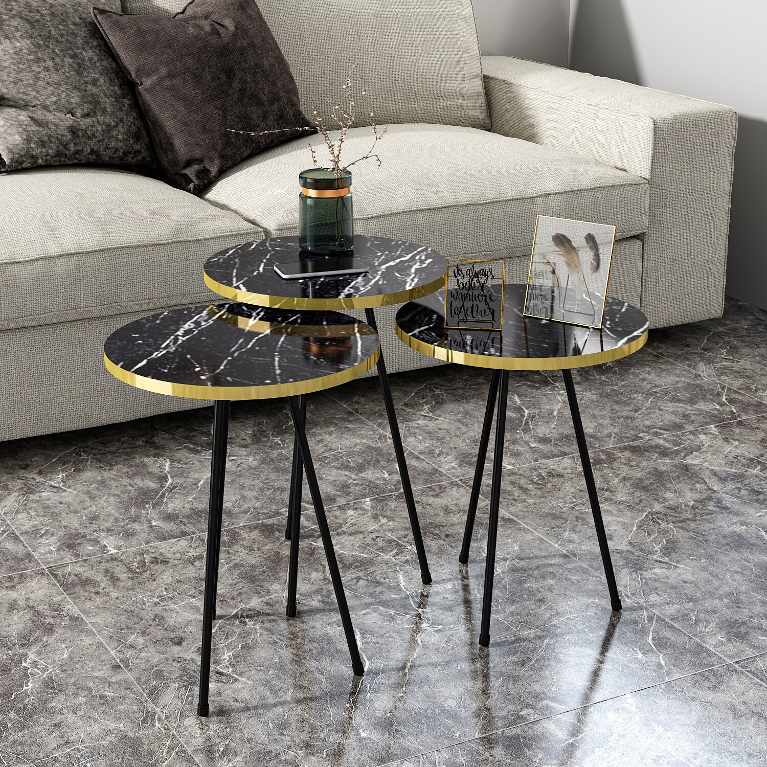 Beistelltisch 3er Set Marmoroptik Schwarz 21776160
