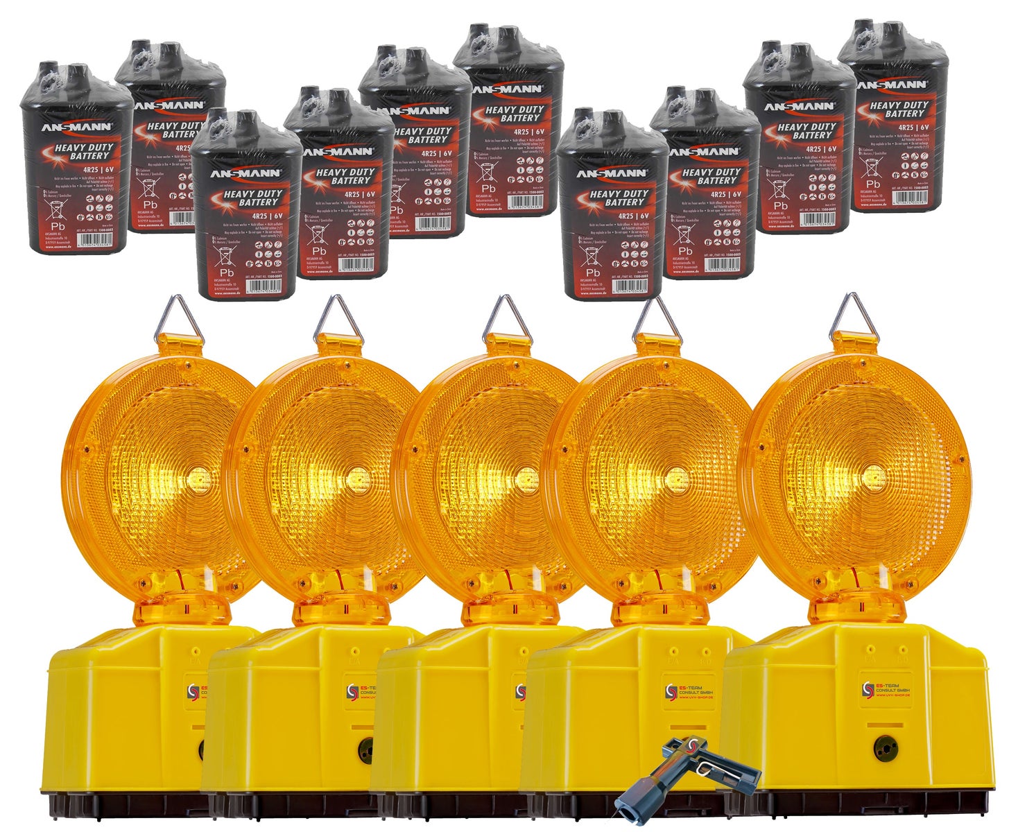 Bouwplaatsverlichtingsset UVWARN waarschuwingslampen geel met batterijen (standaard of hoog vermogen) / Set A met 9 Ah / 5 lampen